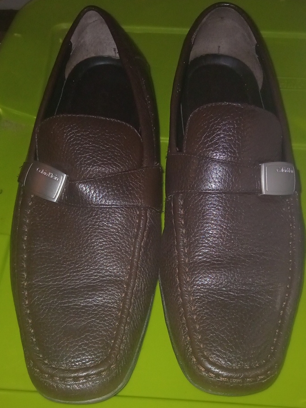 Calvin Klein Brown Leather Slip-On Loafers with Silver Logo Accent